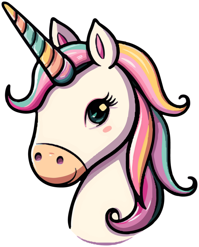 A cartoon unicorn with a rainbow mane png