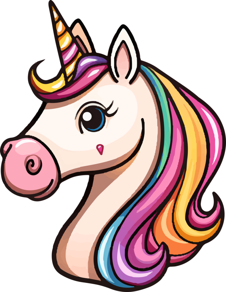 A cartoon unicorn with rainbow hair png