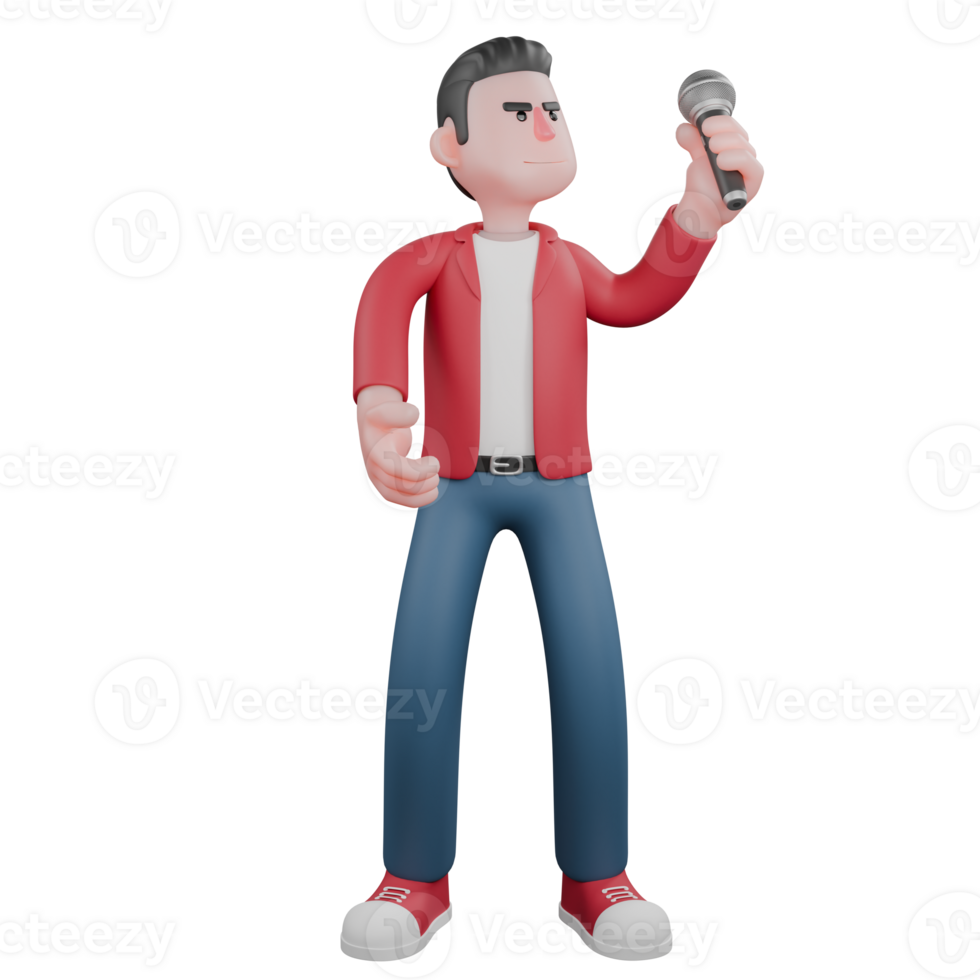 3D Illustrated Singer Character. A singer a man is standing while lifting a mic. Singing Personality png