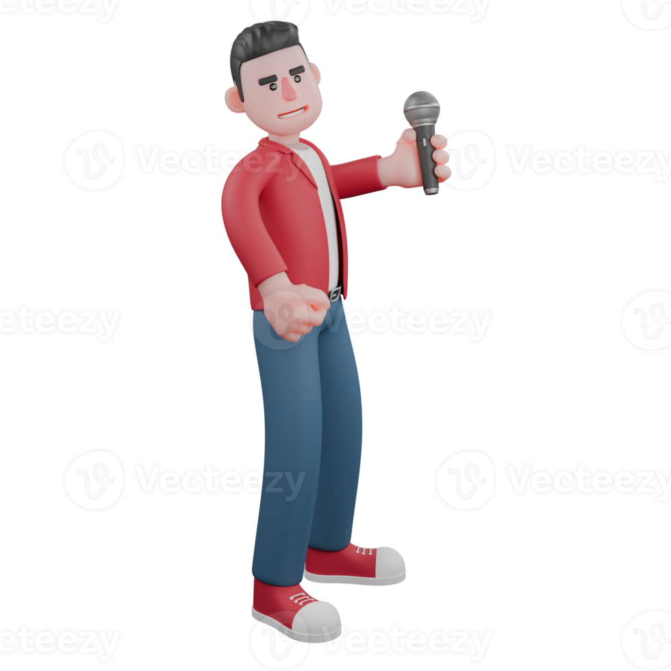 3D Illustrated Singer Character. A male singer is standing facing left while holding the microphone and turning his head to the right. Vocalist Design png