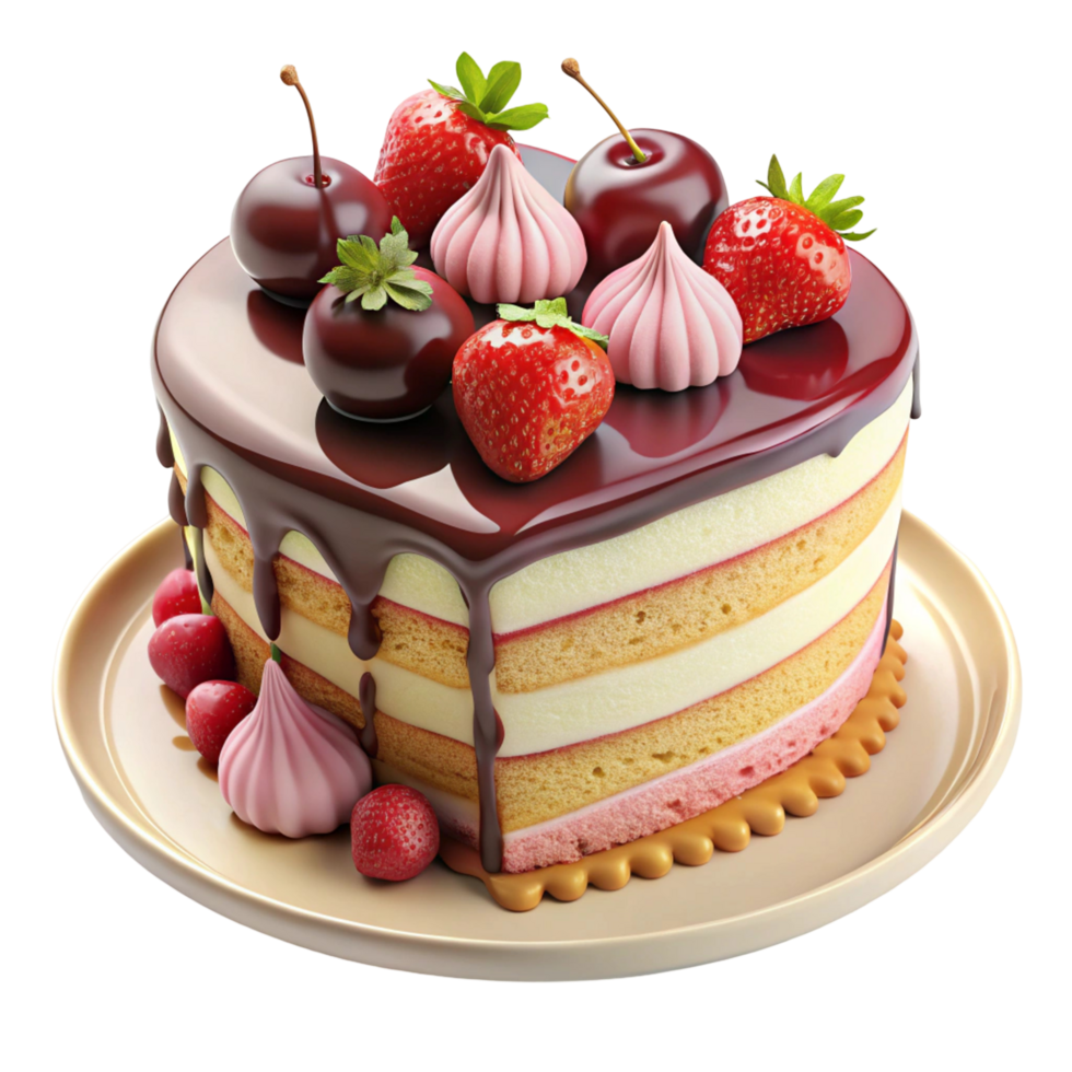 Heart-Shaped Chocolate Cake with Strawberries and Cherries Perfect for Valentine's Day or Romantic Occasions png
