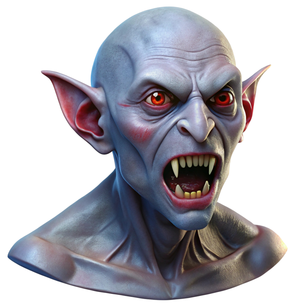 A Close-up of a Realistic 3D Render of a Vampire with Fangs and Red Eyes png