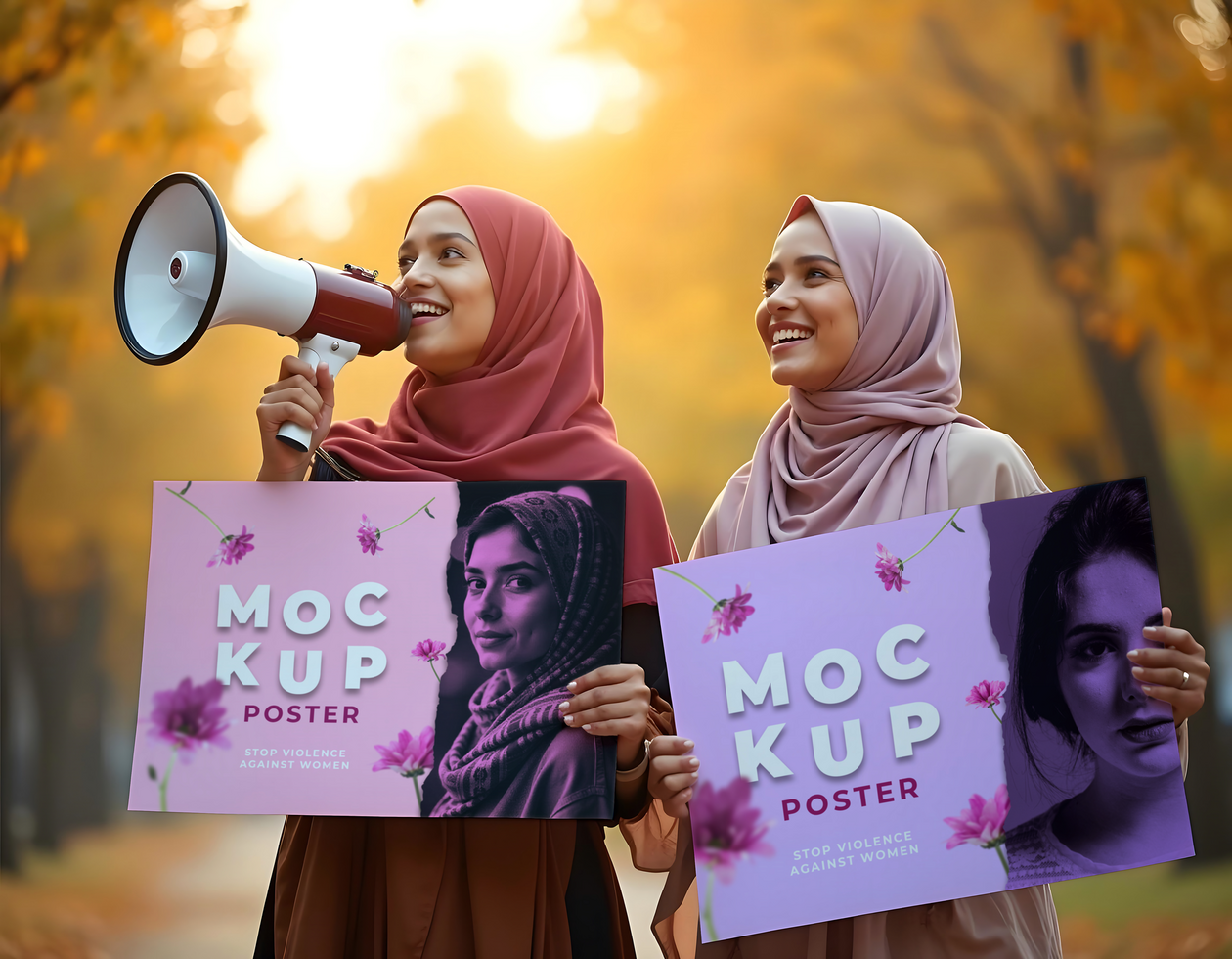 two hijab woman holding mockup poster psd