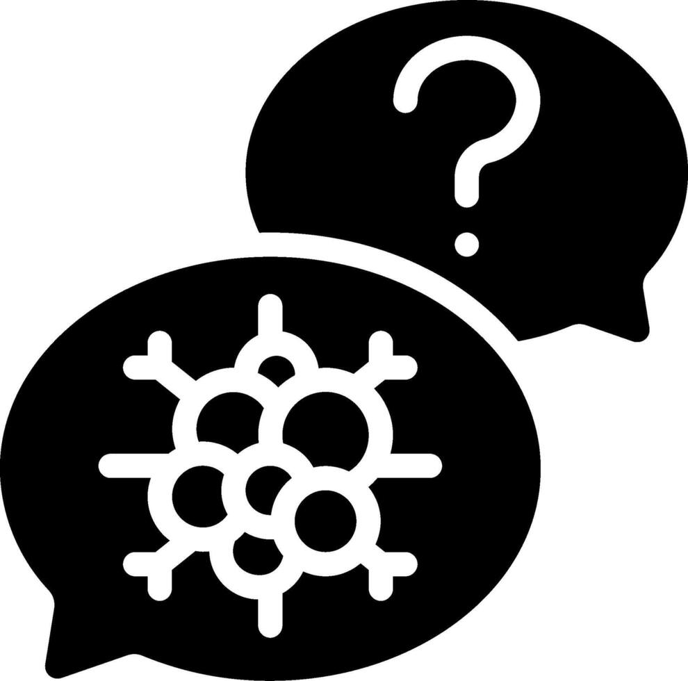Two speech bubbles with a question mark and a black and white image of a virus vector