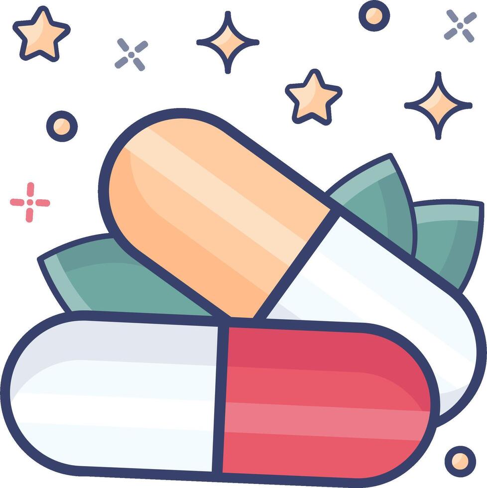 Pill capsules with stars and leaves vector