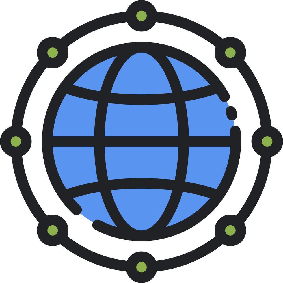 The globe is surrounded by circles and connected to a network vector