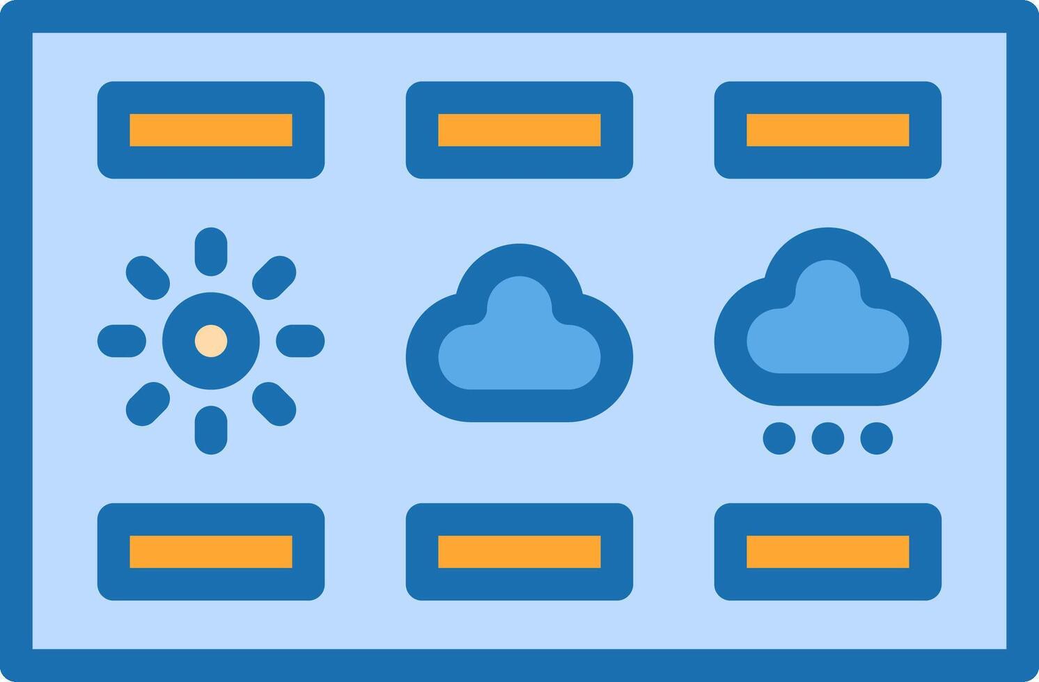 A blue and orange icon with a cloud, sun and rain vector