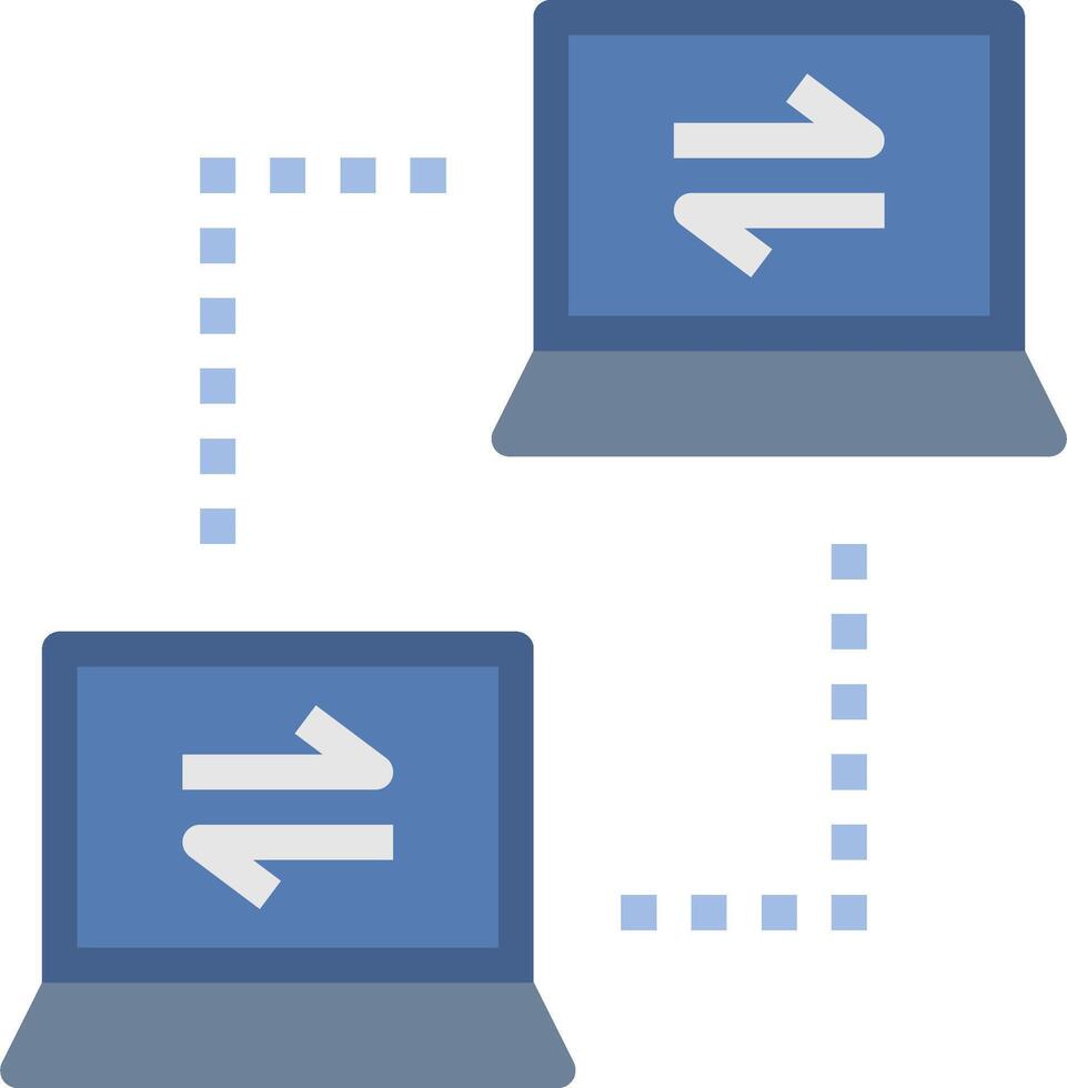Two laptops connected to each other with arrows pointing to them vector