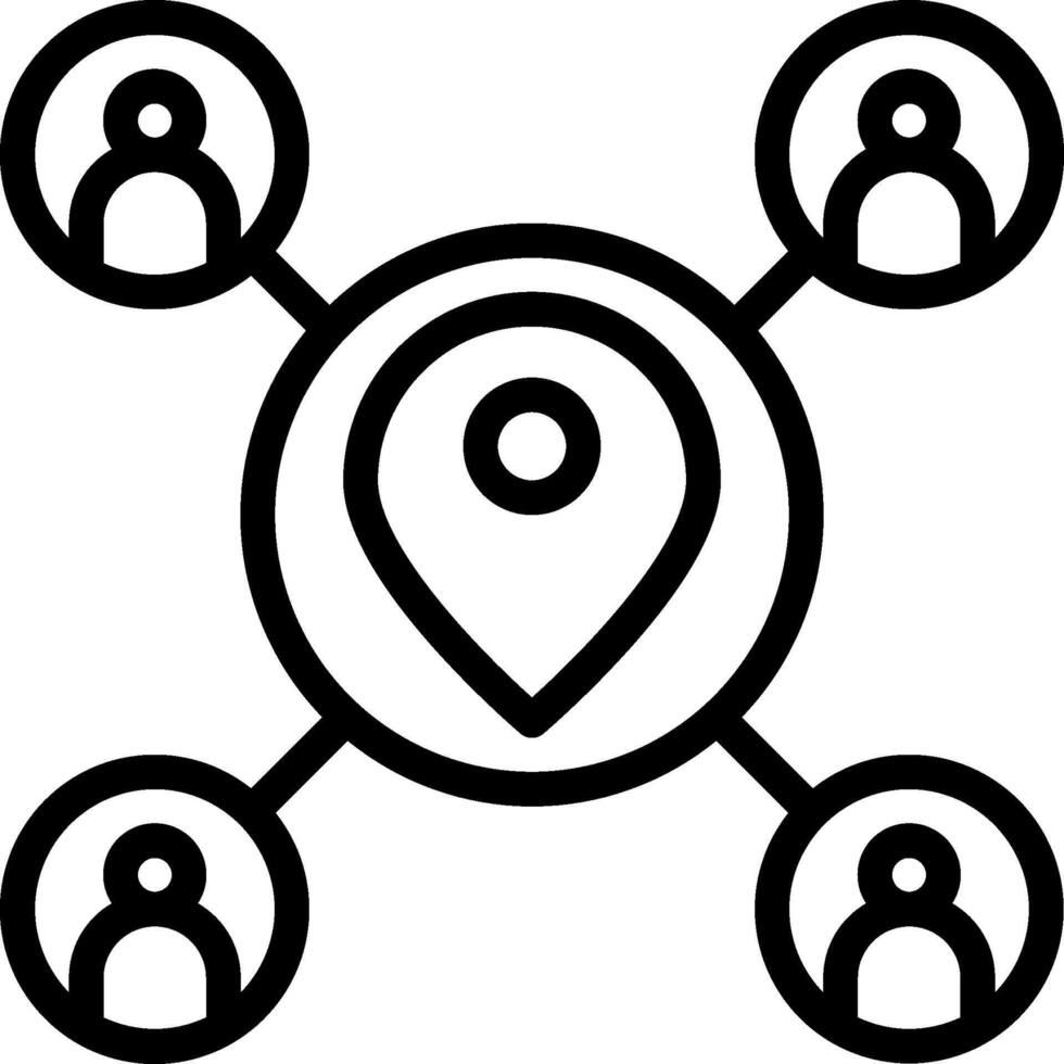 A black and white icon of people and a map pin vector
