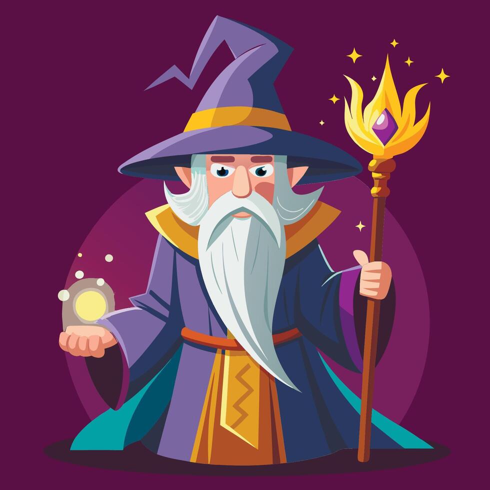Cartoon wizard with staff and magic wand vector