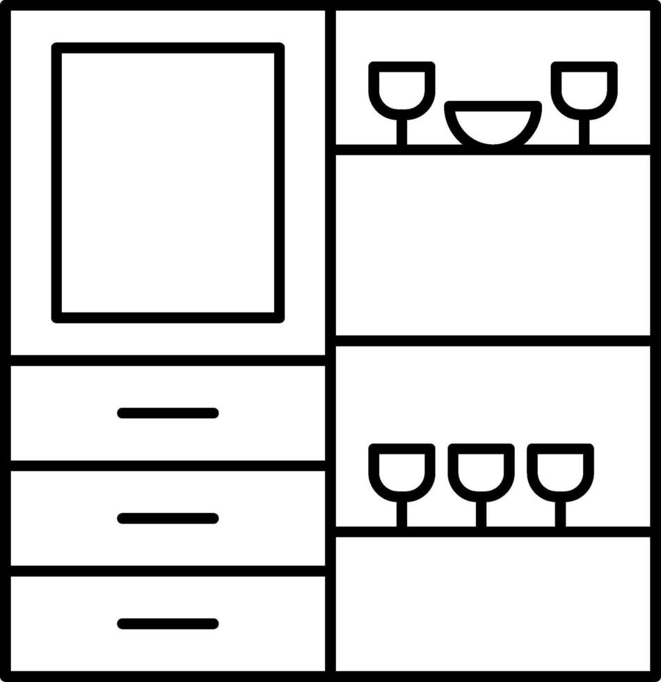 A black and white drawing of a kitchen cabinet vector
