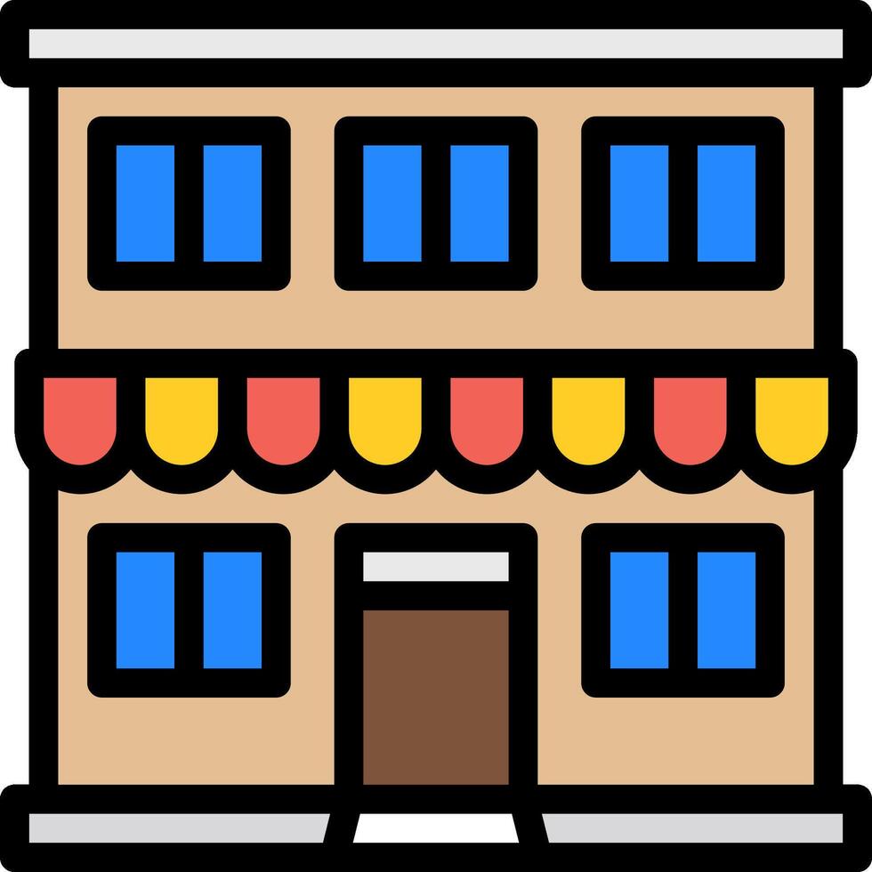 A building with a yellow awning and a blue roof vector