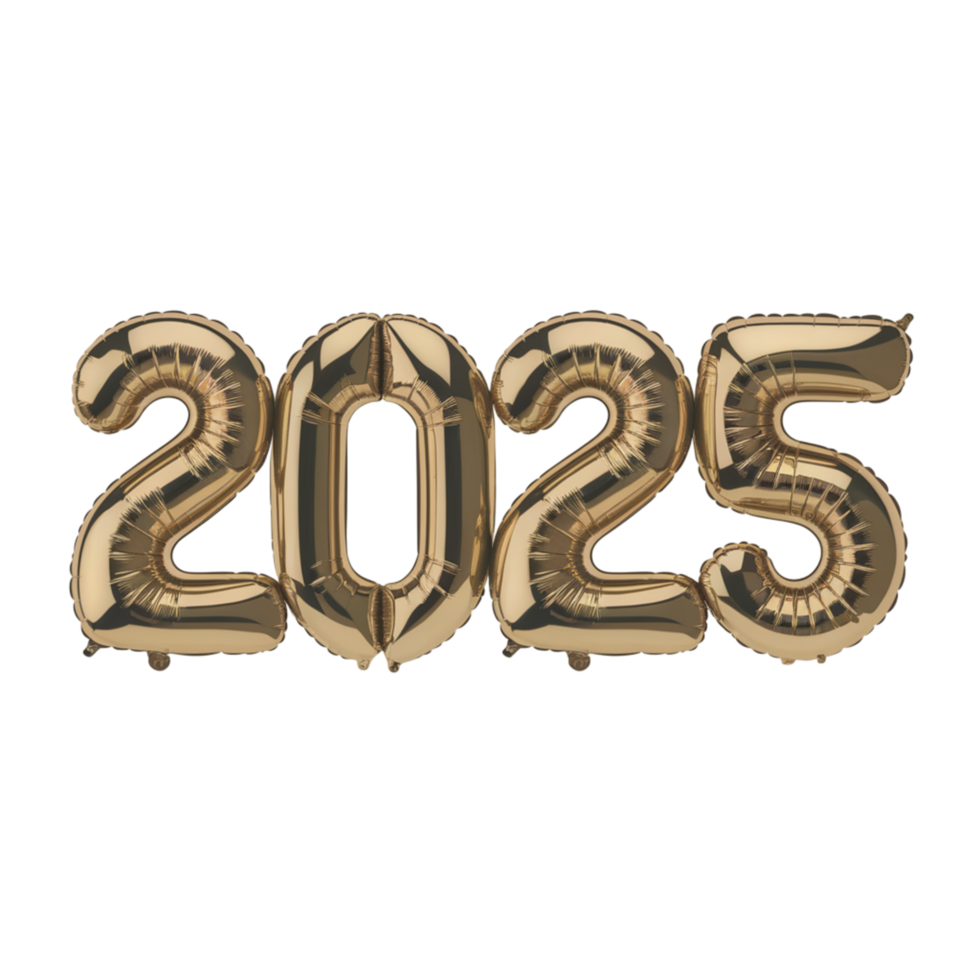 2025 number balloons in gold floating in midair on transparent background png