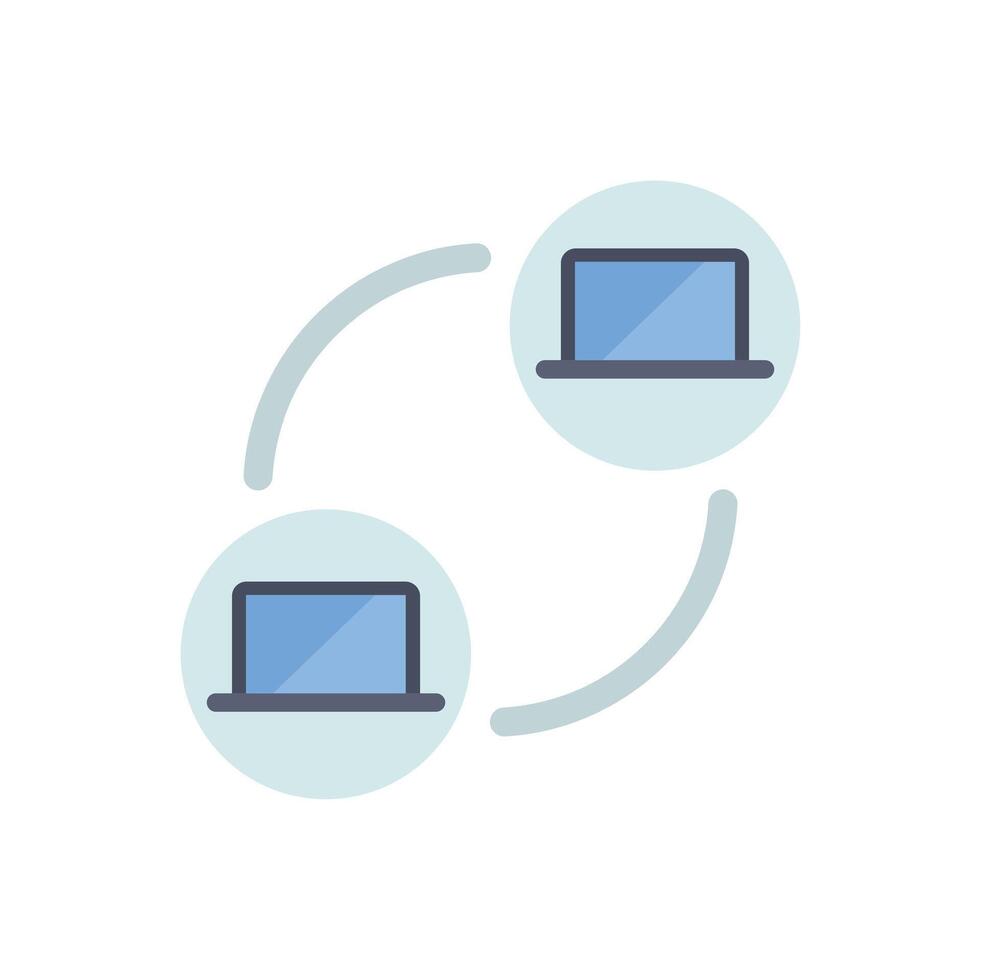 Two laptops exchanging data in circular network icon vector