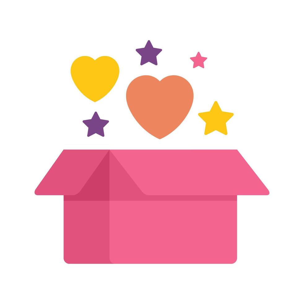 Pink cardboard box opening releasing hearts and stars vector