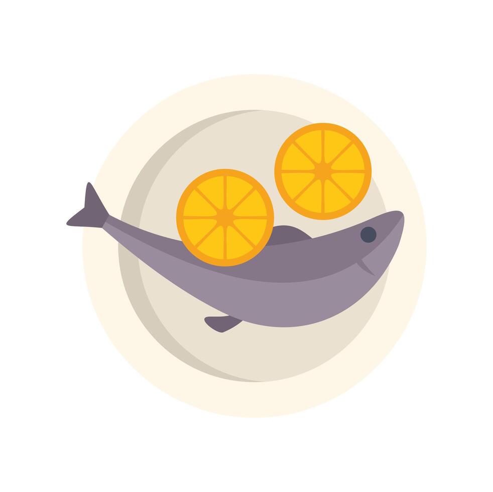 Cooked fish lying on plate with lemon slices, healthy eating concept vector