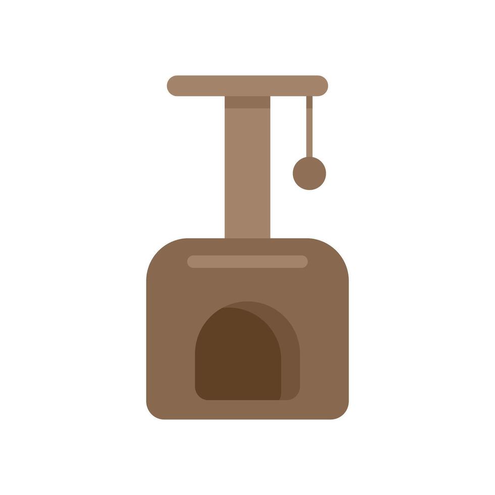 Brown cat tree scratching post with hanging ball toy icon vector