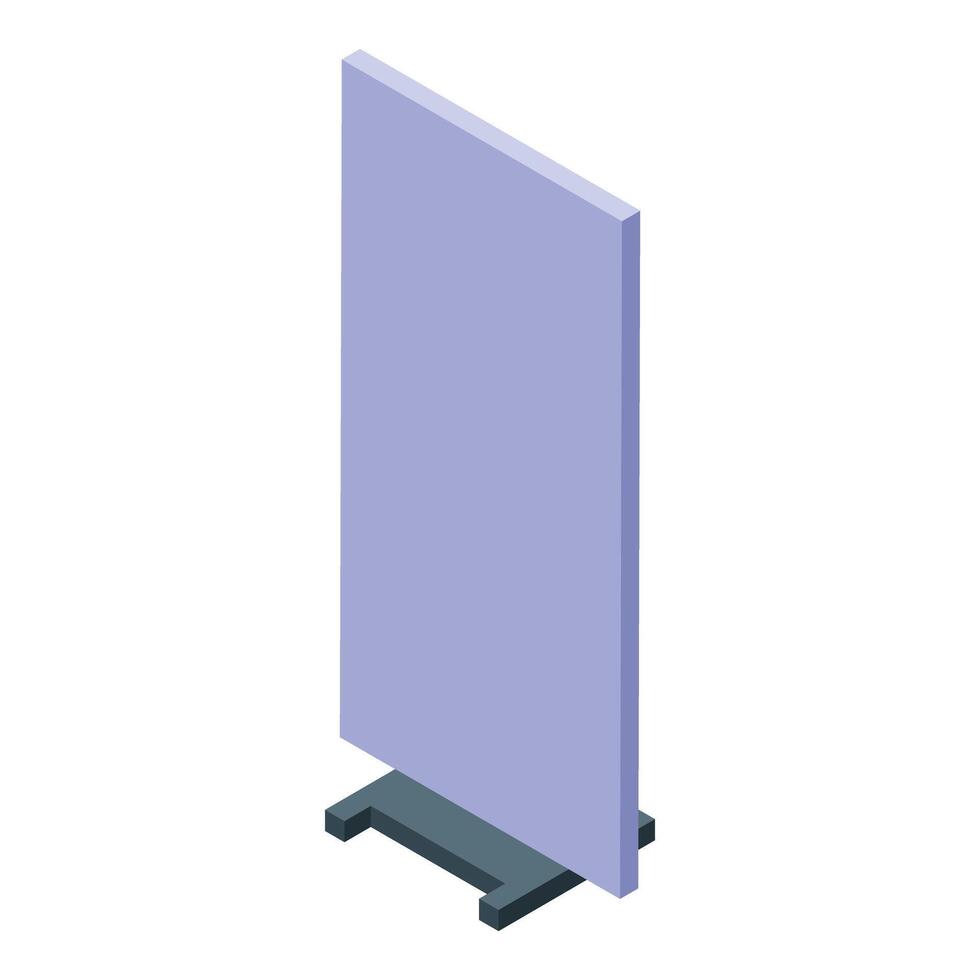 Blank roll up banner stand displaying light purple surface on a grey base vector