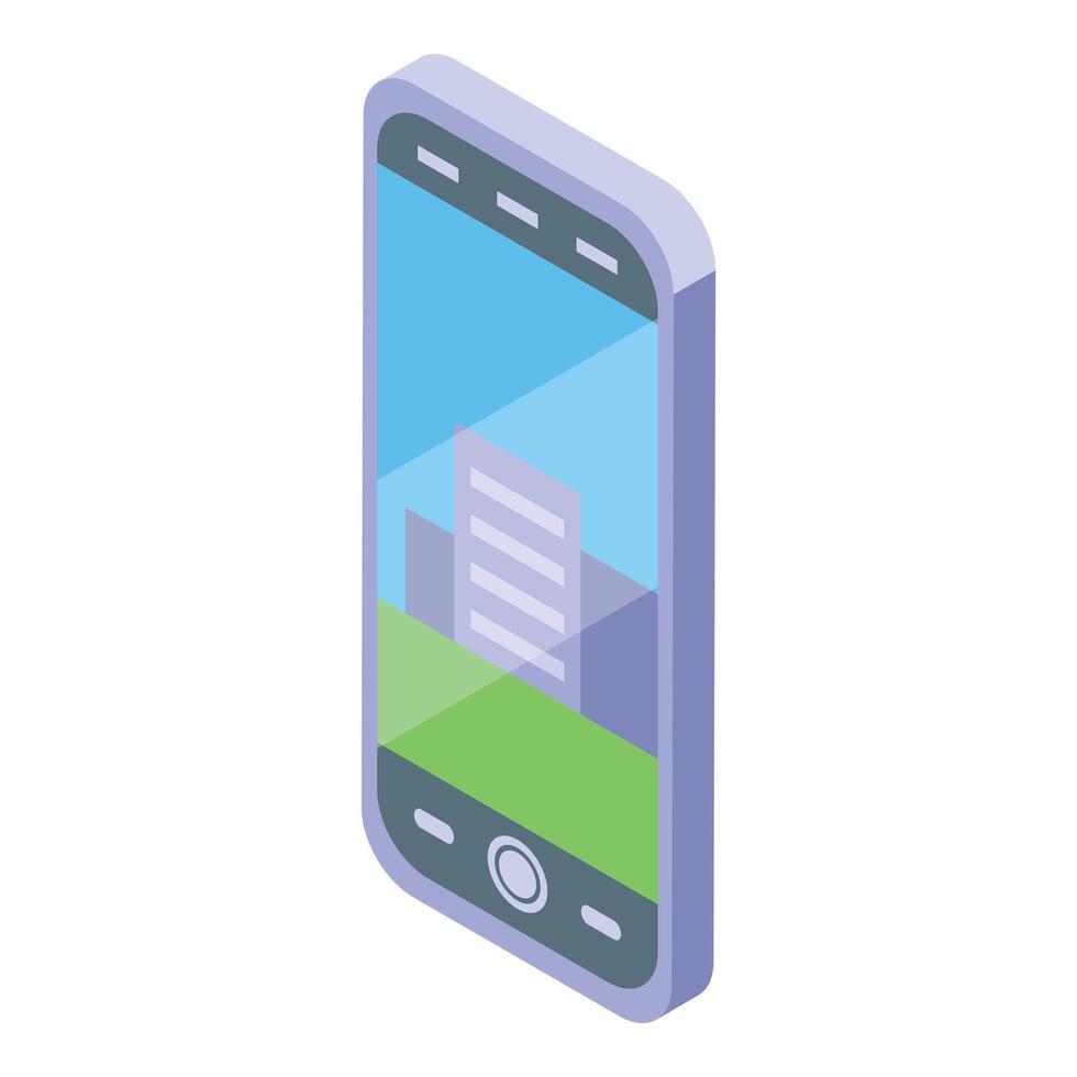 Smartphone showing modern building with green space in isometric view vector