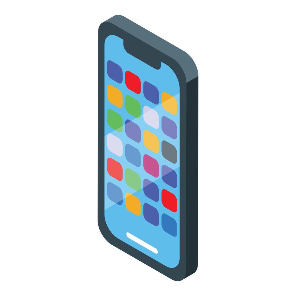 Smartphone showing colorful app icons on screen in isometric view vector
