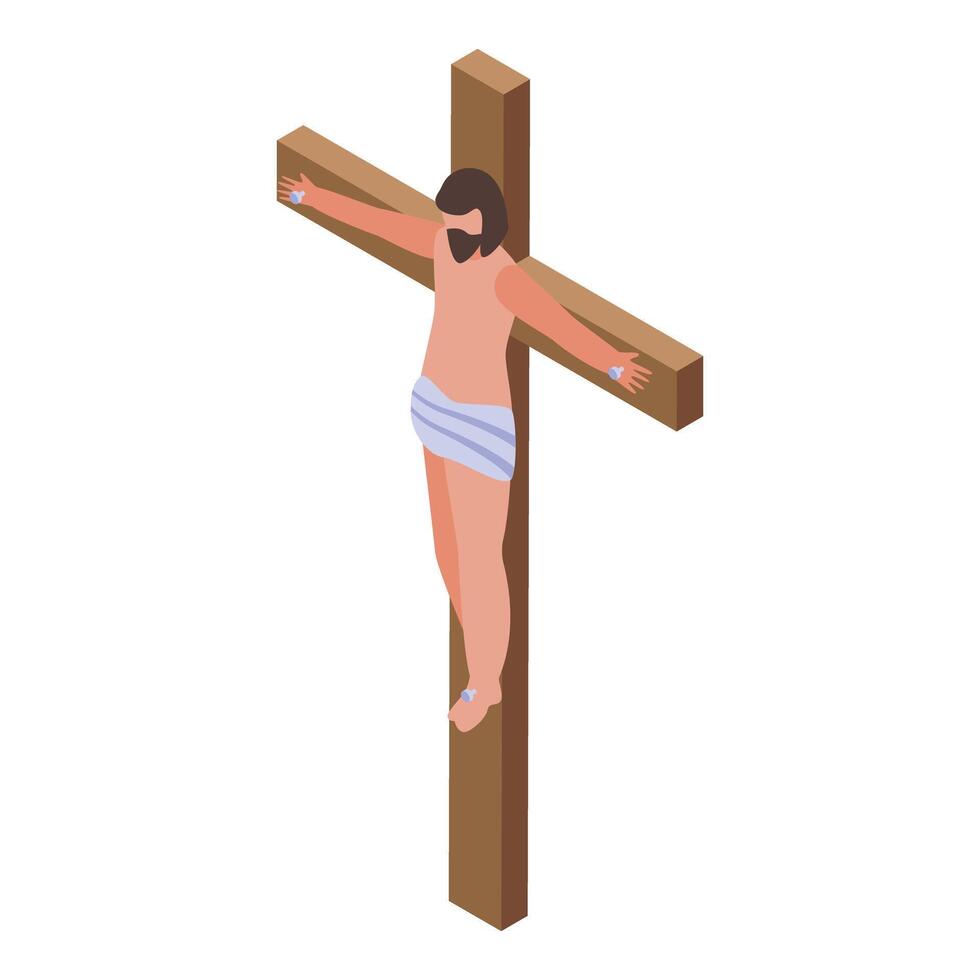 Jesus christ being crucified on wooden cross, isometric view vector