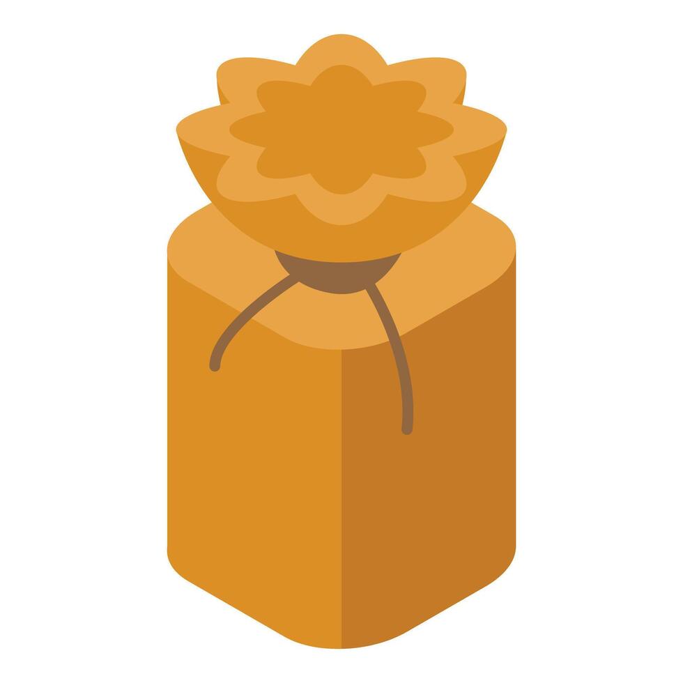 Closed yellow cloth sack tied with rope isometric icon vector