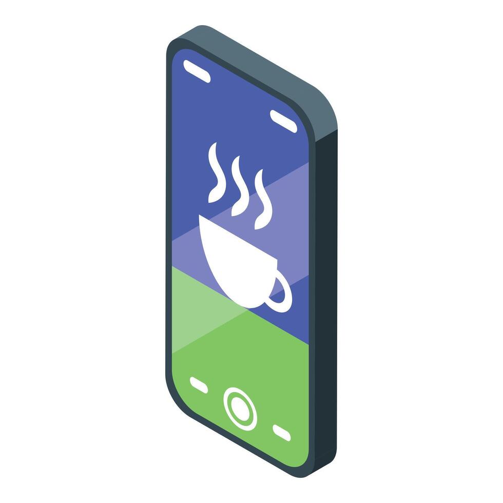 Smartphone showing steaming hot coffee cup icon in isometric view vector