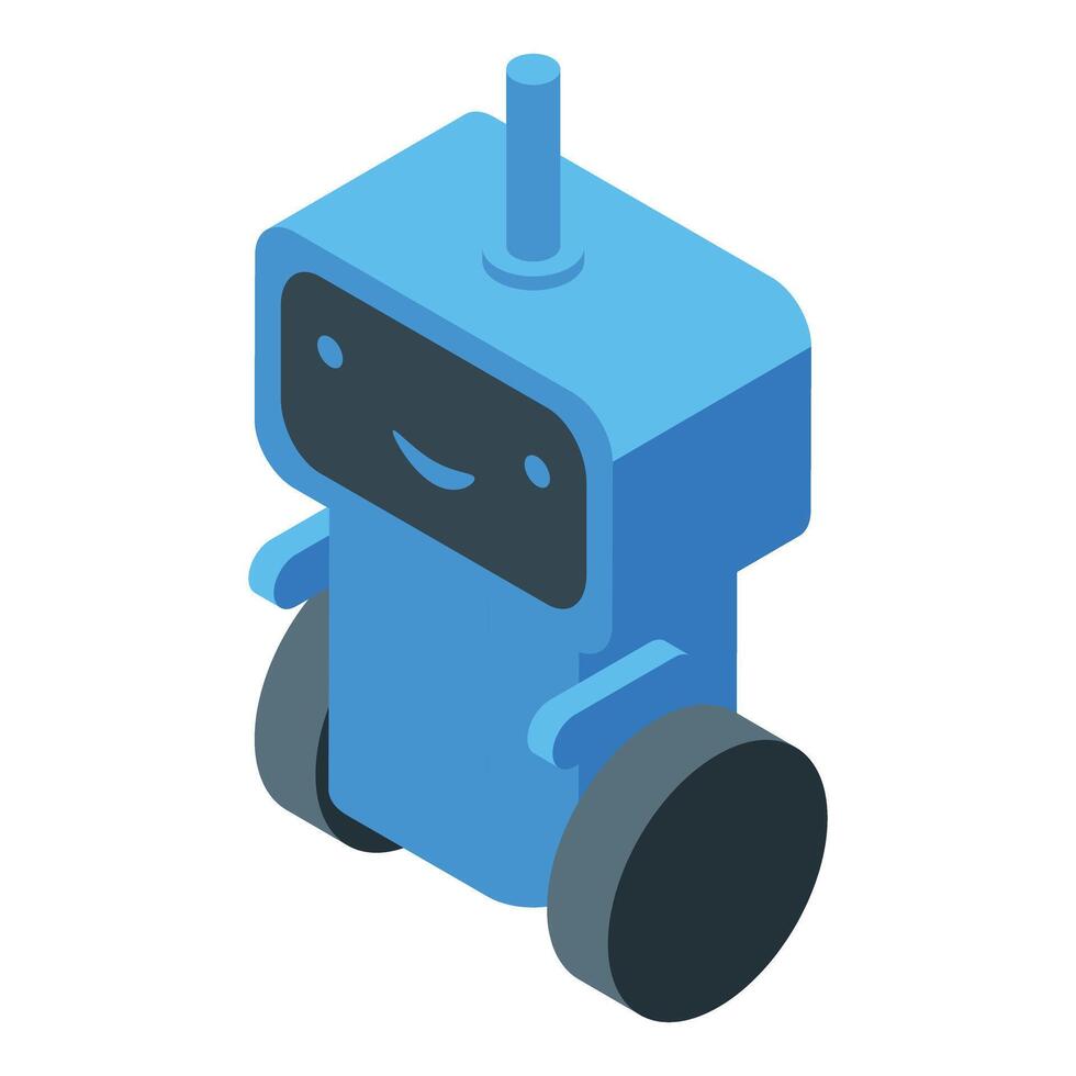 Cute smiling delivery robot moving on wheels, isometric projection vector