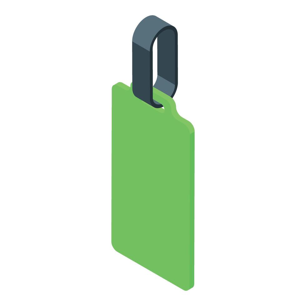 Green rectangular label hanging with black strap, isometric view vector