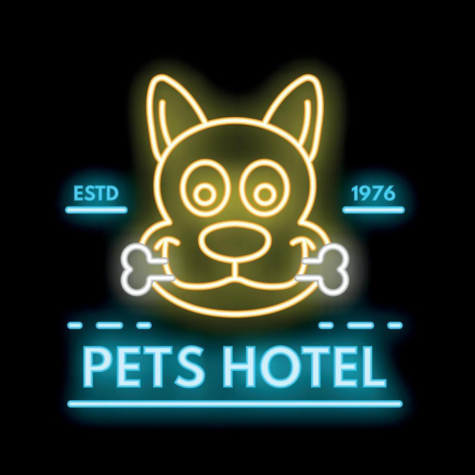 Neon sign for pet hotel with dog face and bones vector