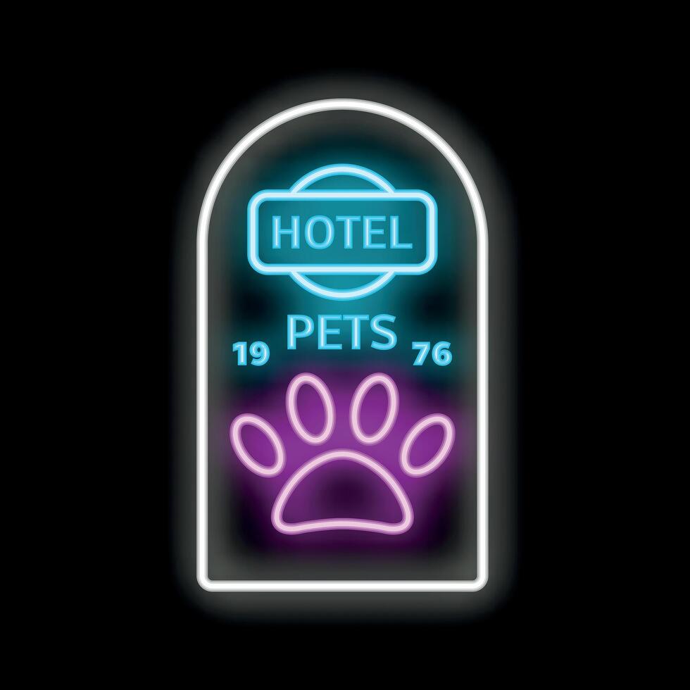 Glowing neon sign displaying pet friendly hotel allowing dogs and cats vector