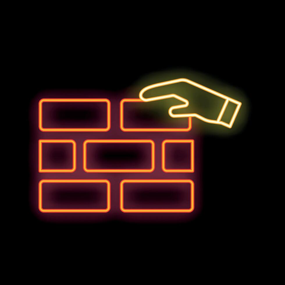Neon sign of a hand building a brick wall vector