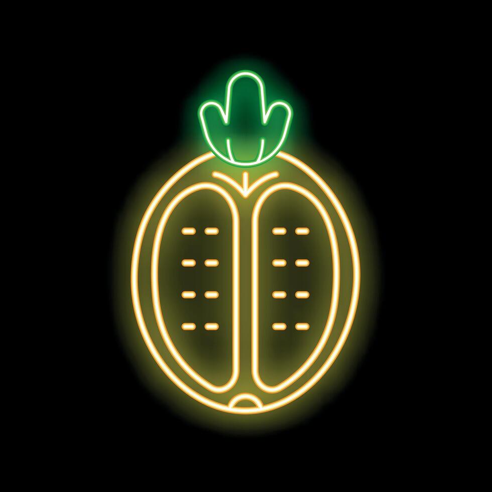 Glowing neon sign depicting a pineapple fruit with leaves on black background vector