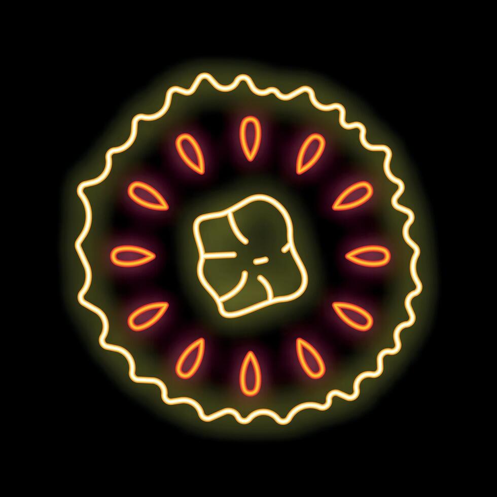 Neon sign of a round cookie with filling and chocolate chips on black background vector