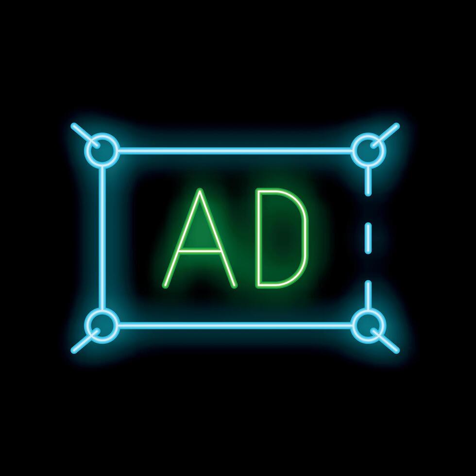 Neon sign with the text ad is glowing on a black background vector