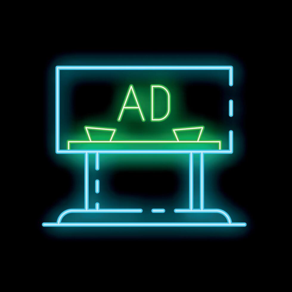 Glowing neon line advertising billboard icon on a black background representing marketing and promotion vector