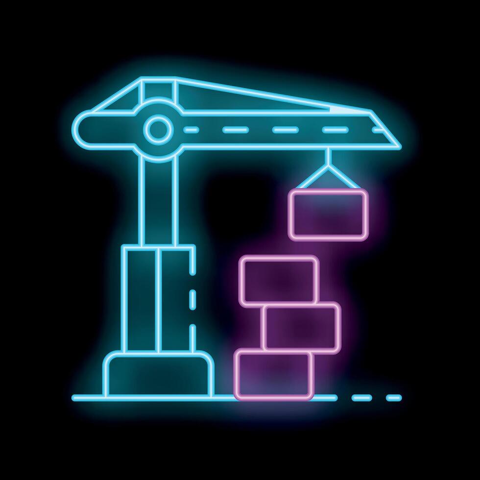 Neon construction crane lifting bricks icon background vector