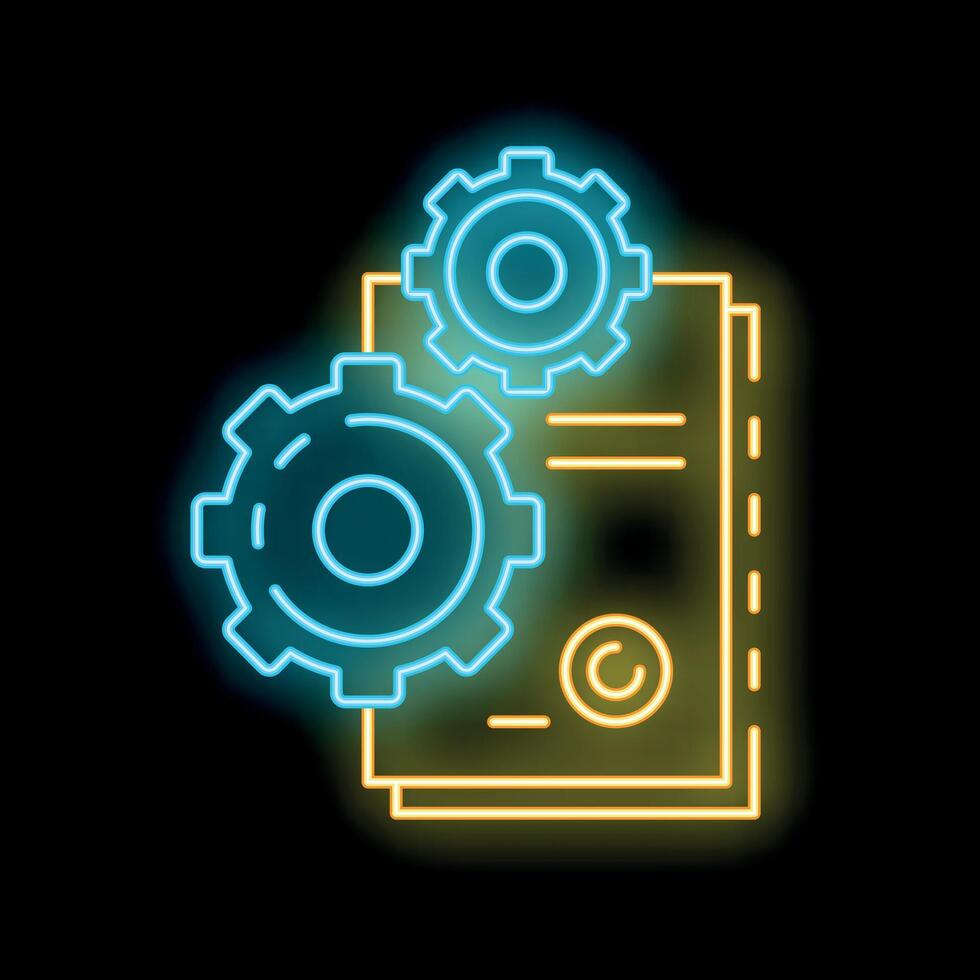 Neon icon of copyright process with contract and gears vector
