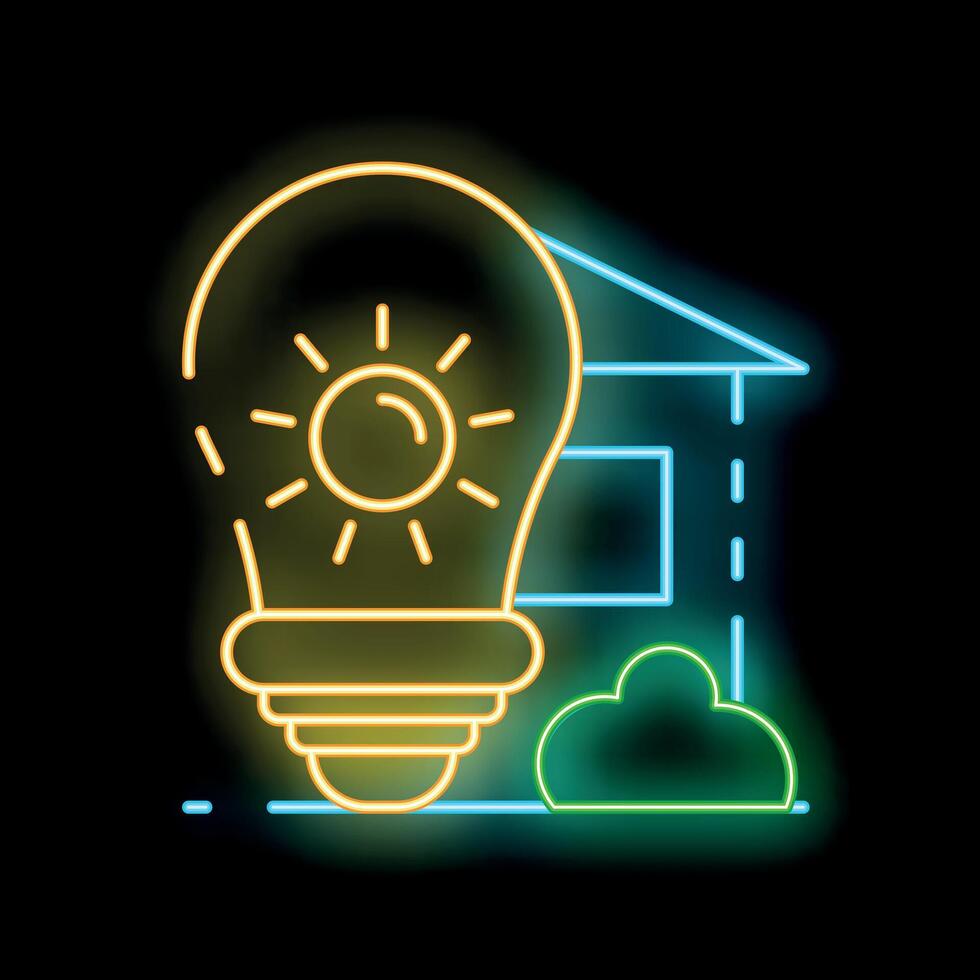 Neon icon of lightbulb with sun shining for solar panel energy and modern house vector