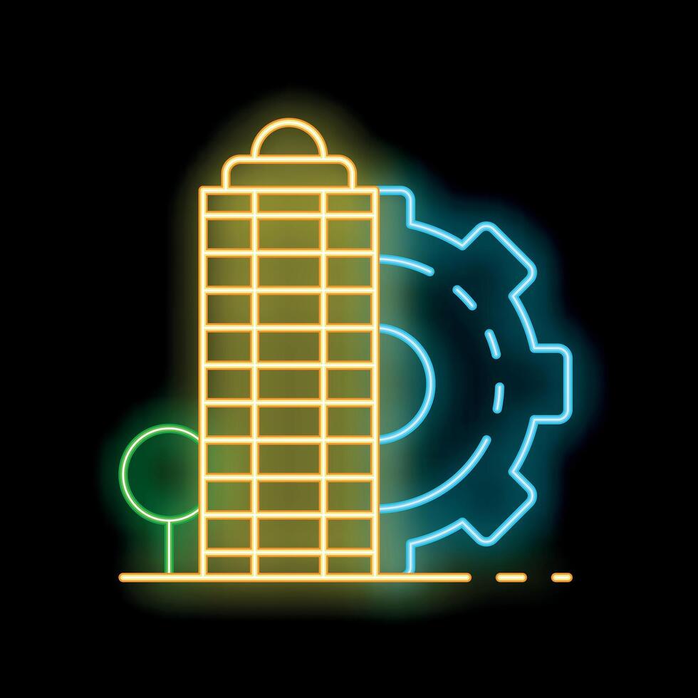 Glowing neon line office building icon with gear over black background vector illustration