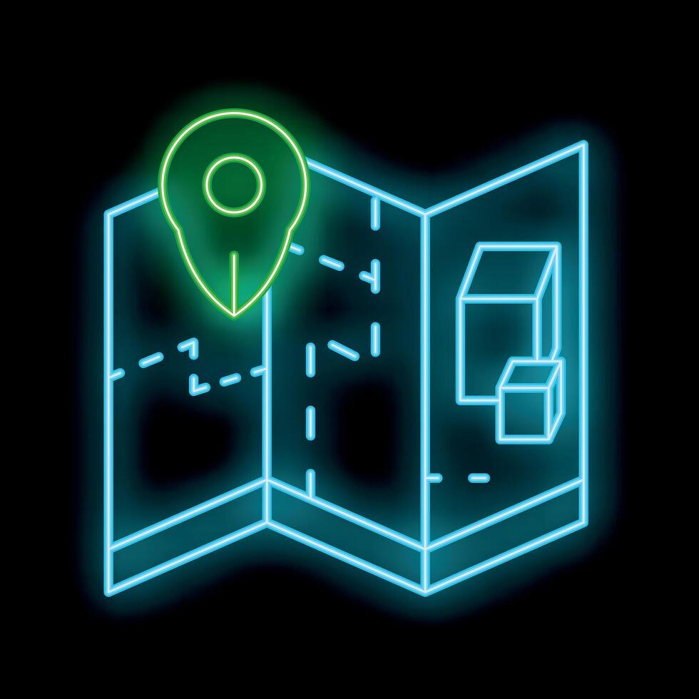 Neon map showing location with pin and destination icon vector