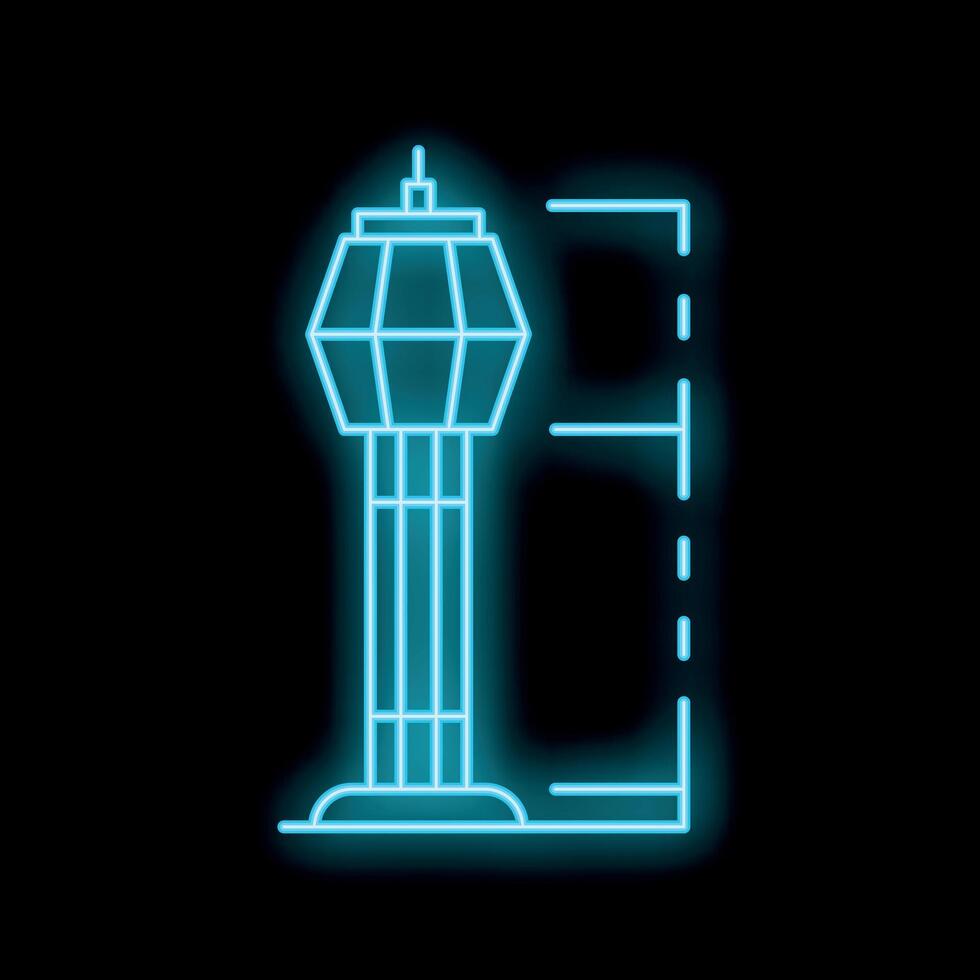 Neon blue airport control tower standing on platform vector