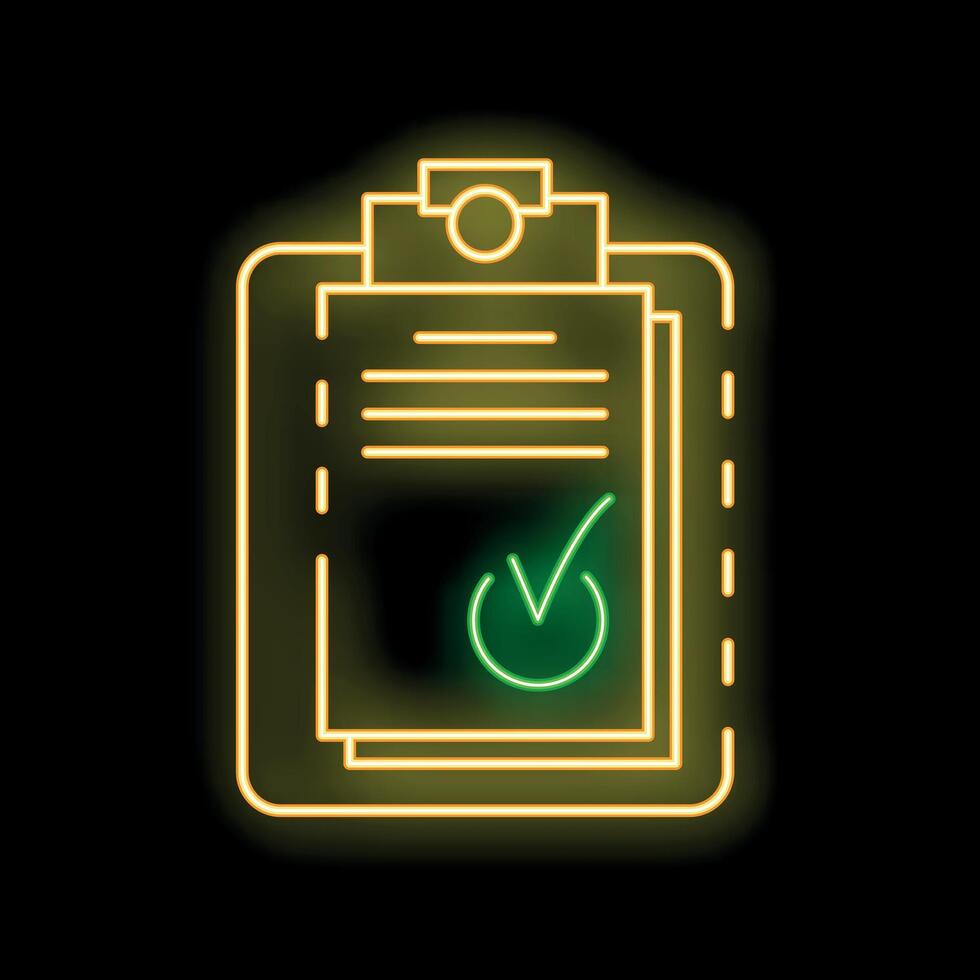Neon green clipboard with check mark icon on black brick wall vector