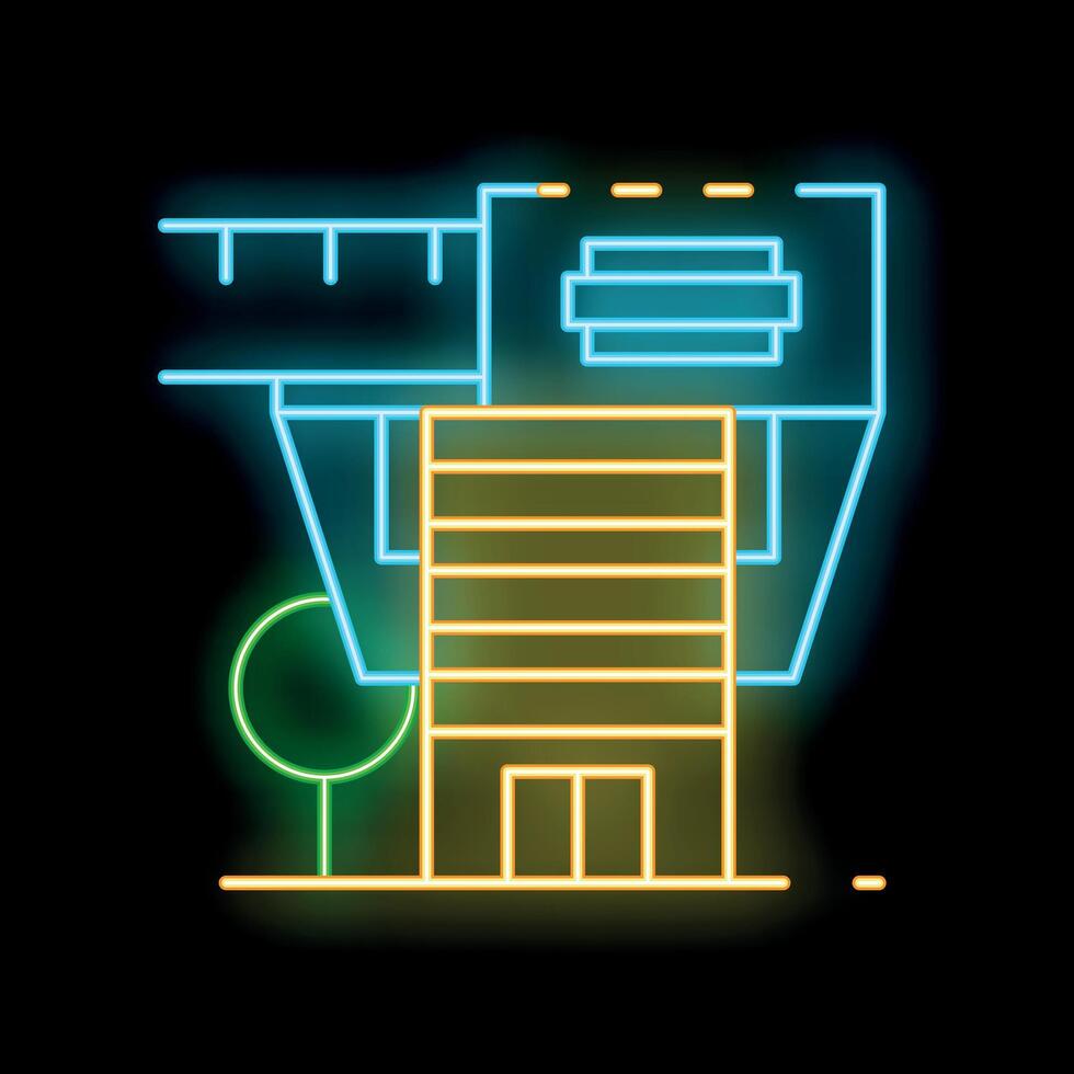 Neon sign of a building being measured by a folding ruler, representing real estate, construction, and architecture vector