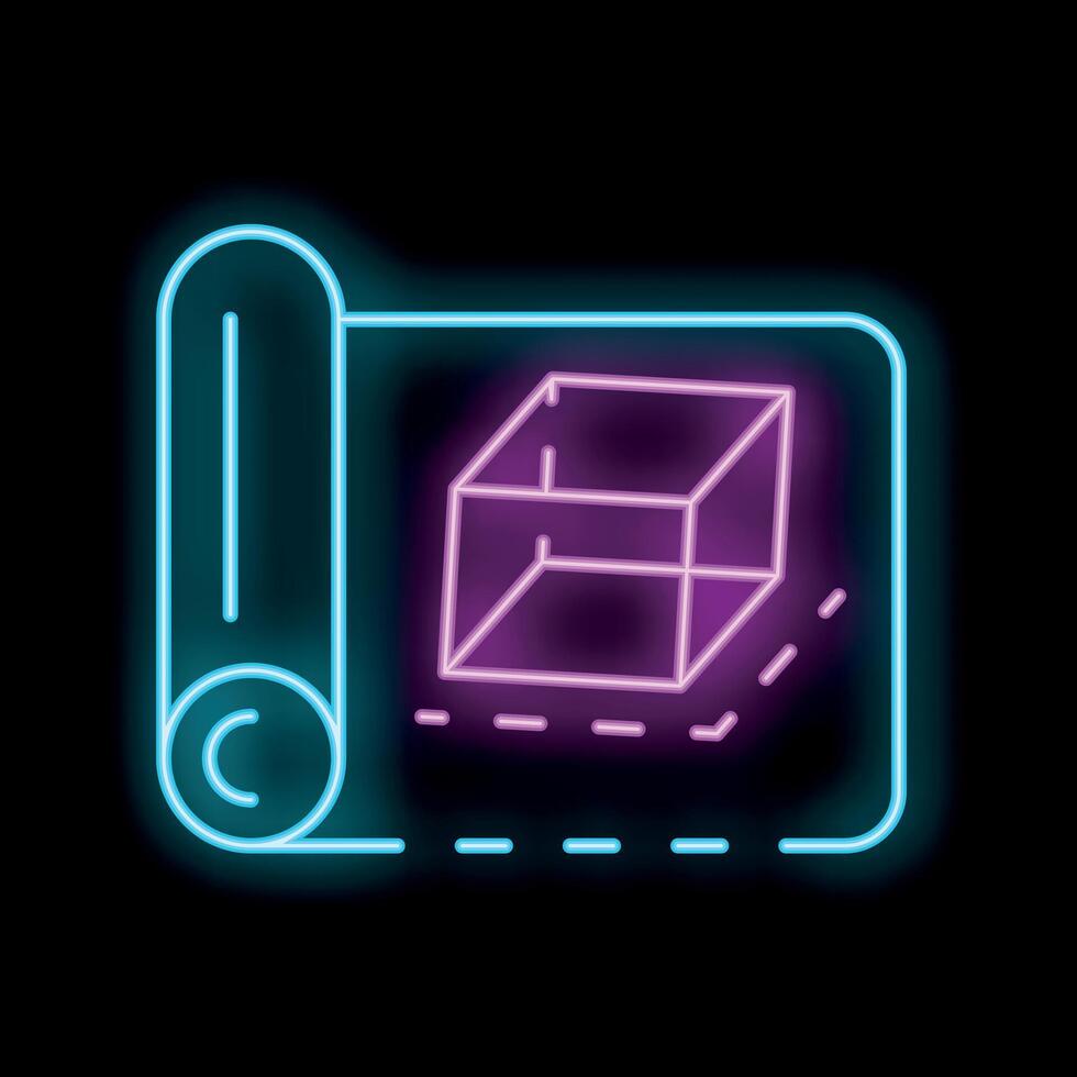 Neon sign showing blueprint with cube on black background vector