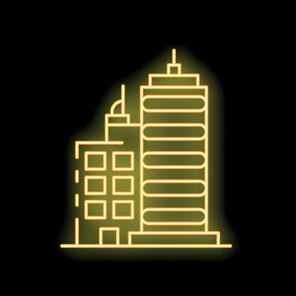 Glowing neon yellow skyscrapers at night on black background vector