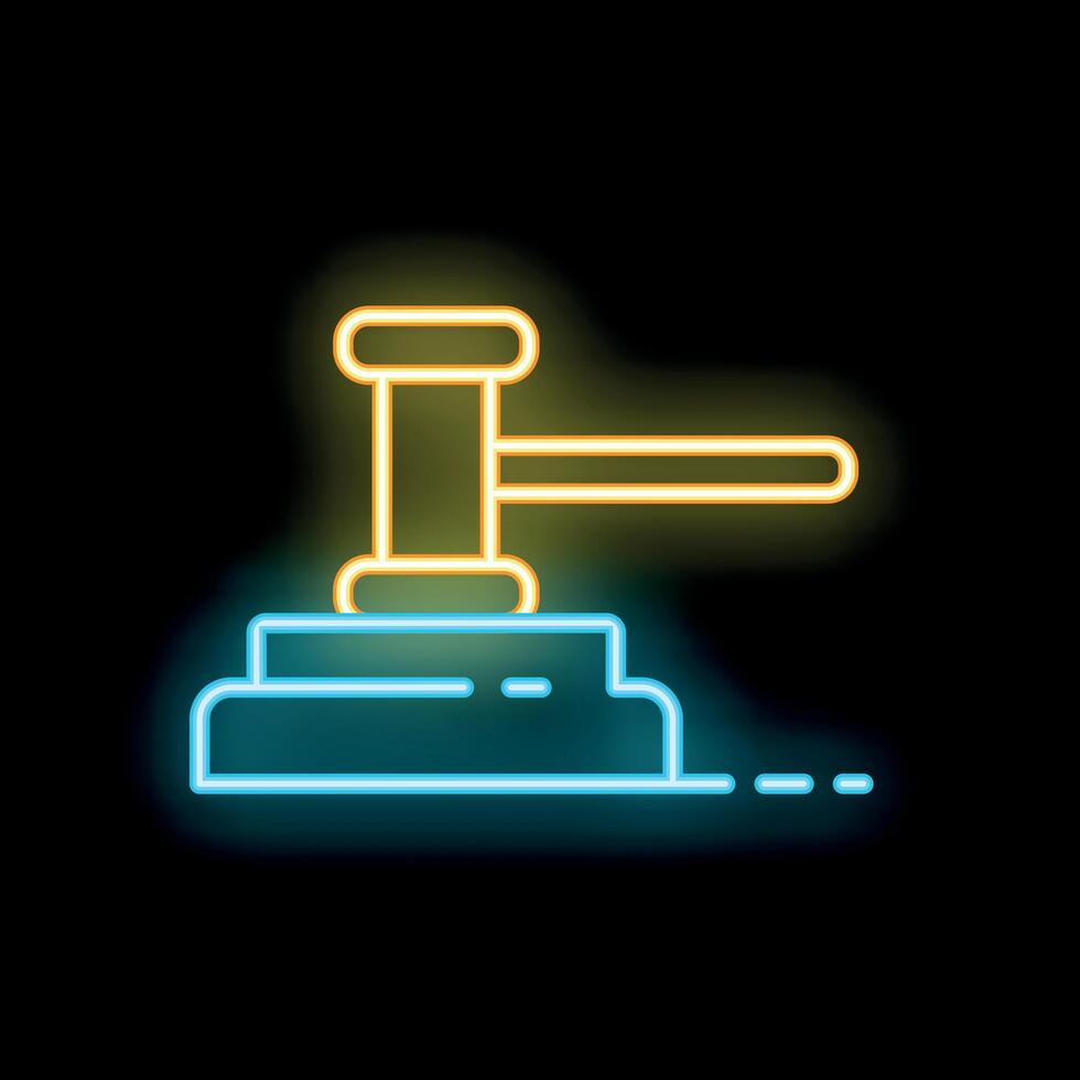 Neon gavel striking sound block icon glowing on black background vector
