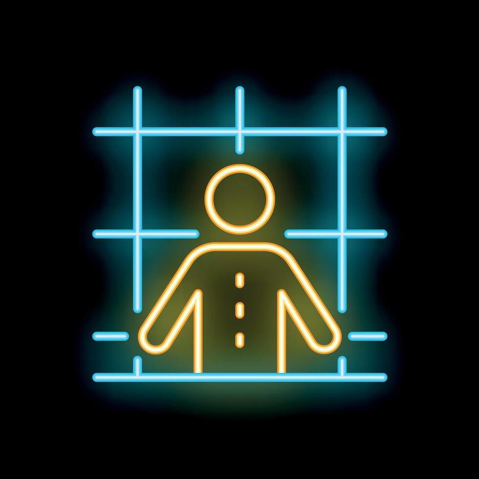Neon sign depicting a person standing still inside a glowing frame on black background vector