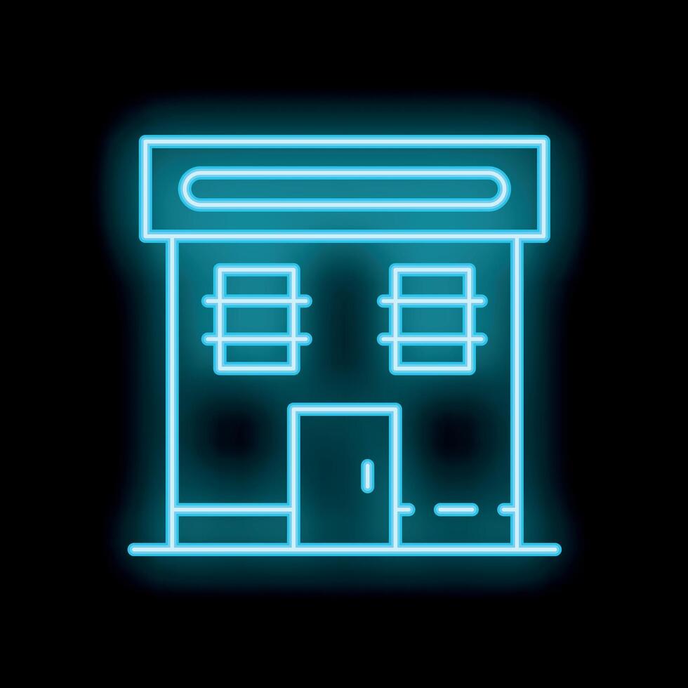Glowing neon sign depicting a building with a canopy on black background vector