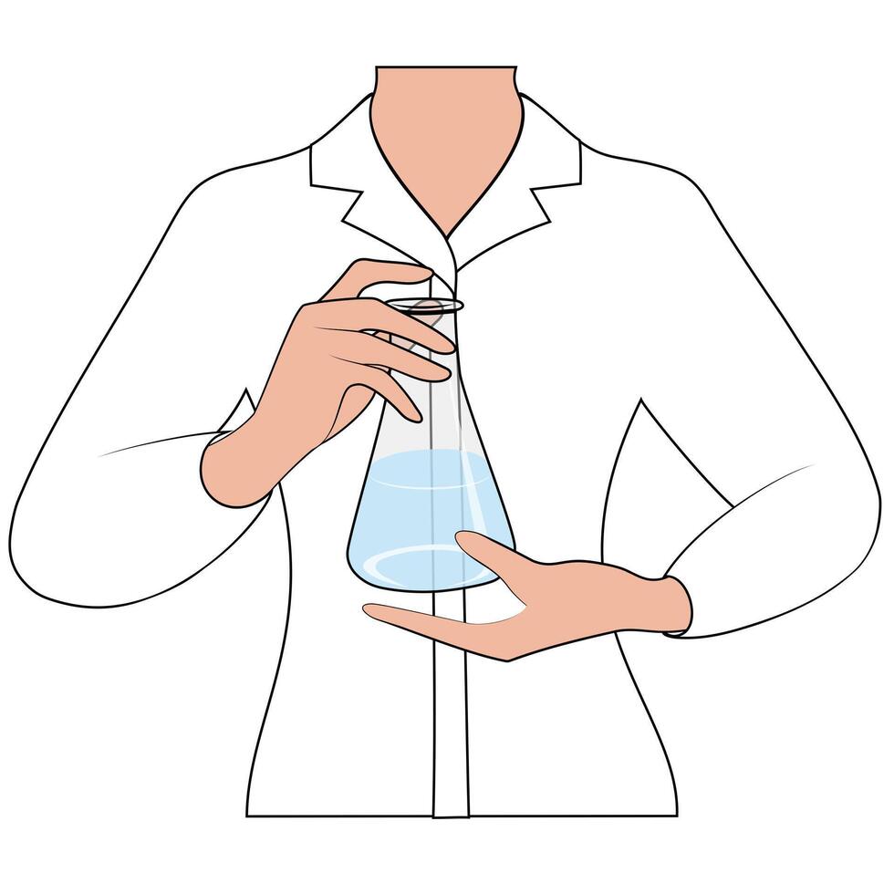 A laboratory assistant in a white coat holds a flask of liquid, close up. Chemical, biological research vector